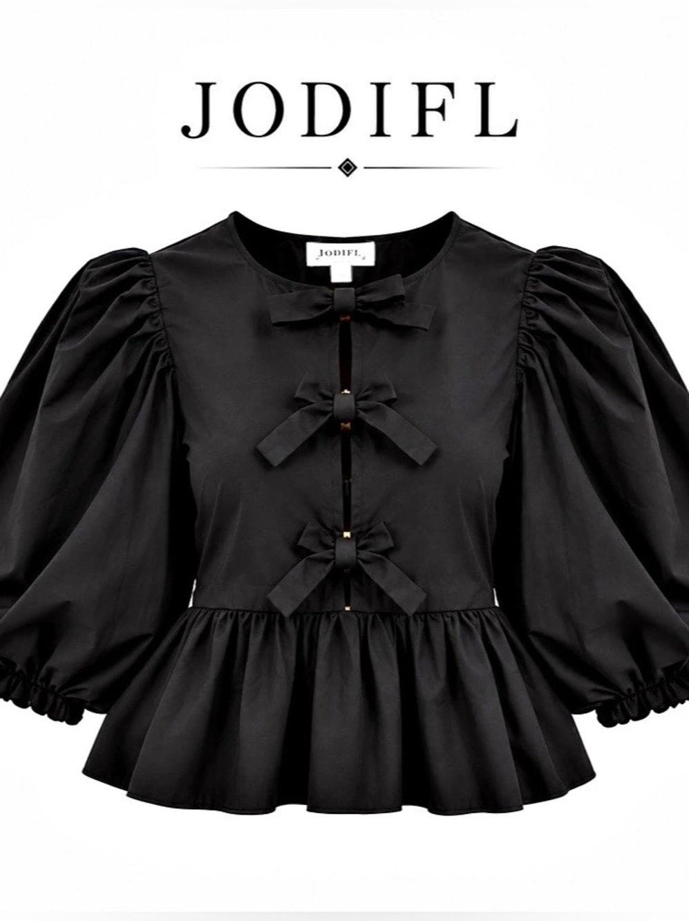 JODIFL Black Bow Tie Peplum Balloon Puff Sleeve Blouse Small